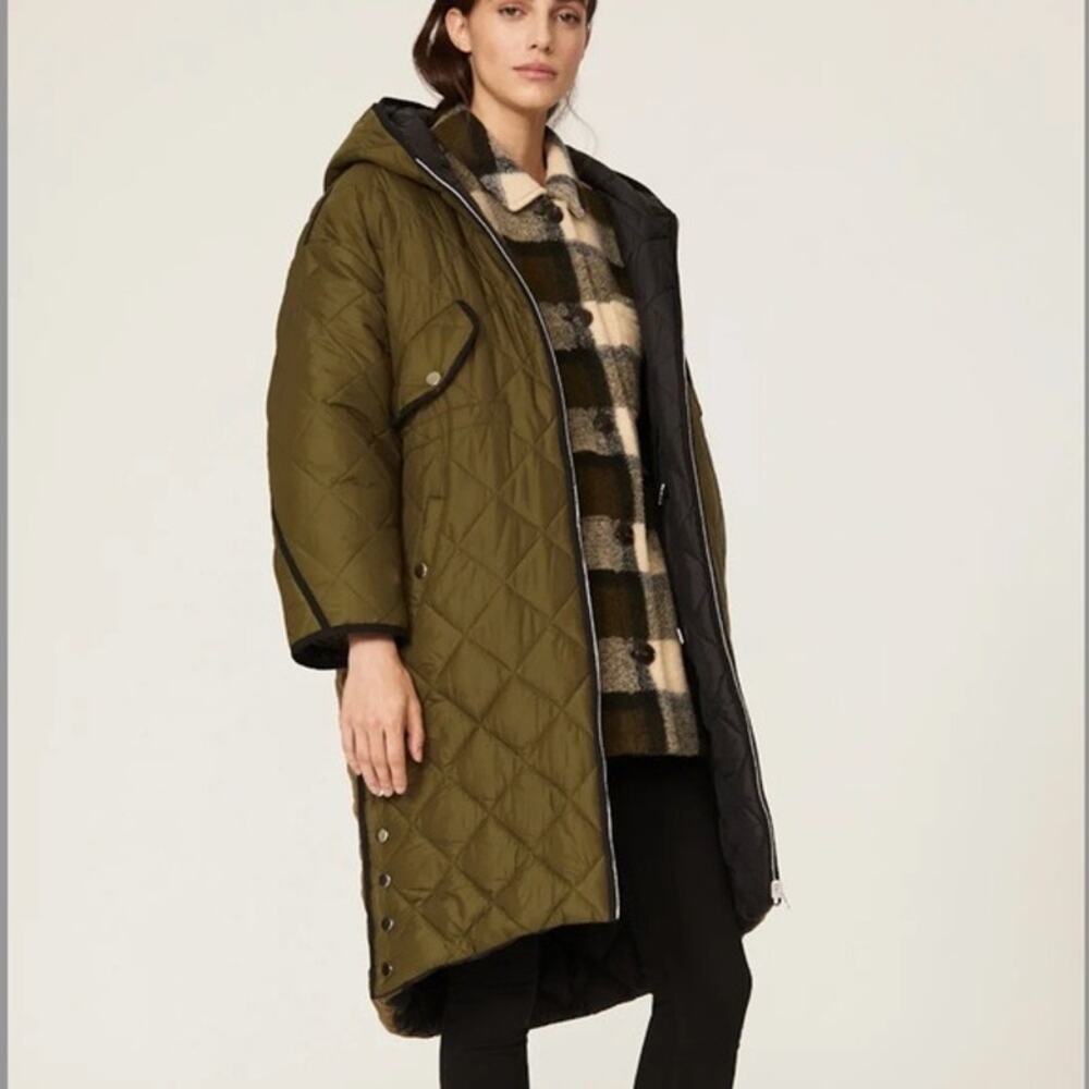 Maje RTR Sz S Olive Green Black Reversible Quilted Zip Hooded Long Puffer Jacket
